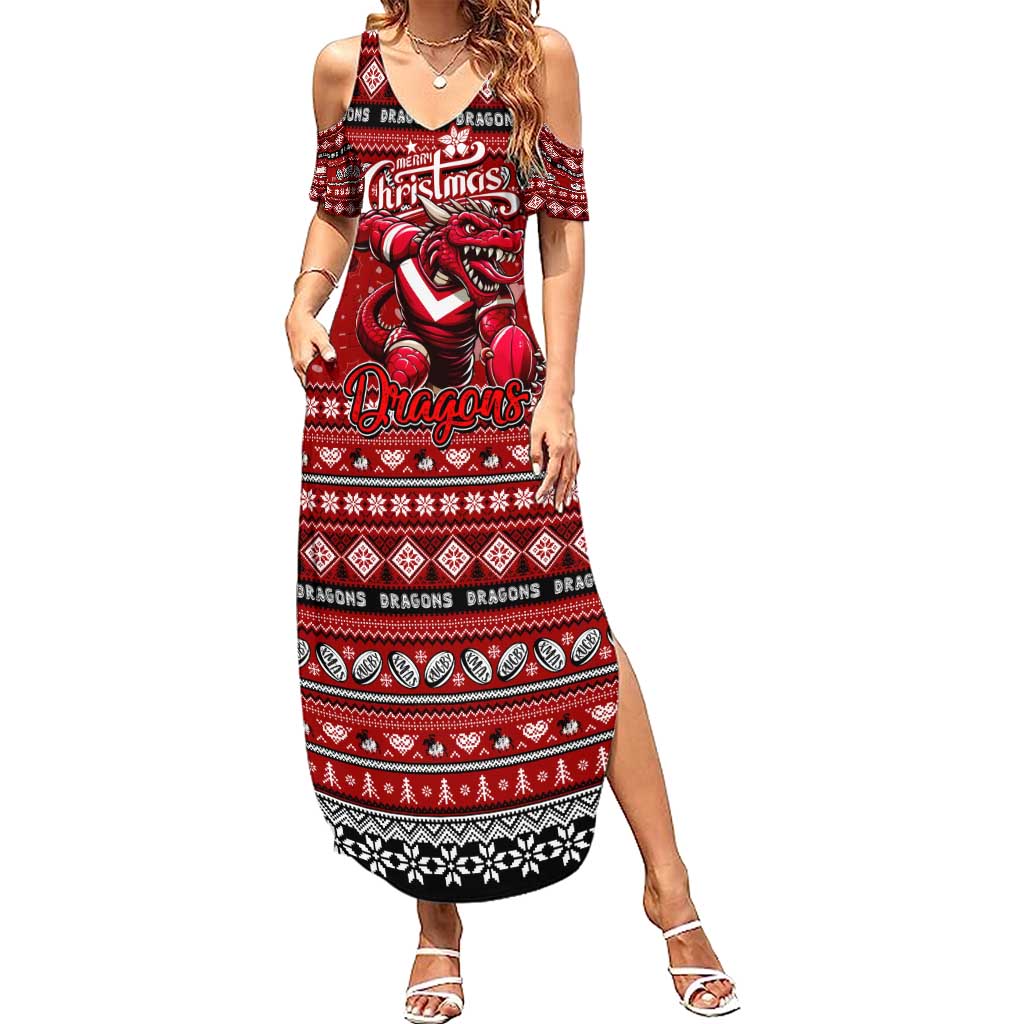 Personalized Dragons Rugby Xmas Family Matching Summer Maxi Dress and Hawaiian Shirt Australia NRL Mascot