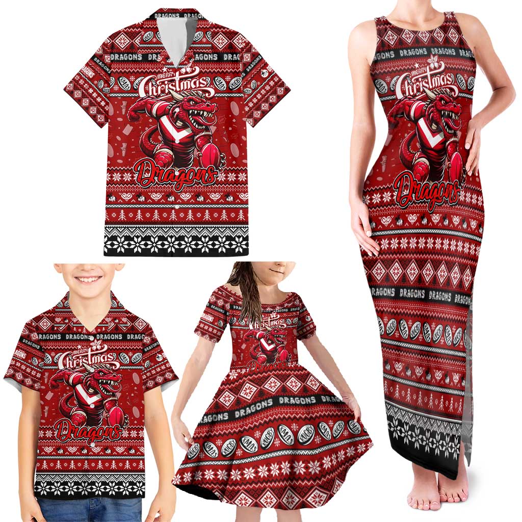 Personalized Dragons Rugby Xmas Family Matching Tank Maxi Dress and Hawaiian Shirt Australia NRL Mascot