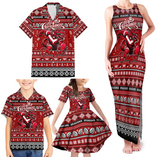 Personalized Dragons Rugby Xmas Family Matching Tank Maxi Dress and Hawaiian Shirt Australia NRL Mascot