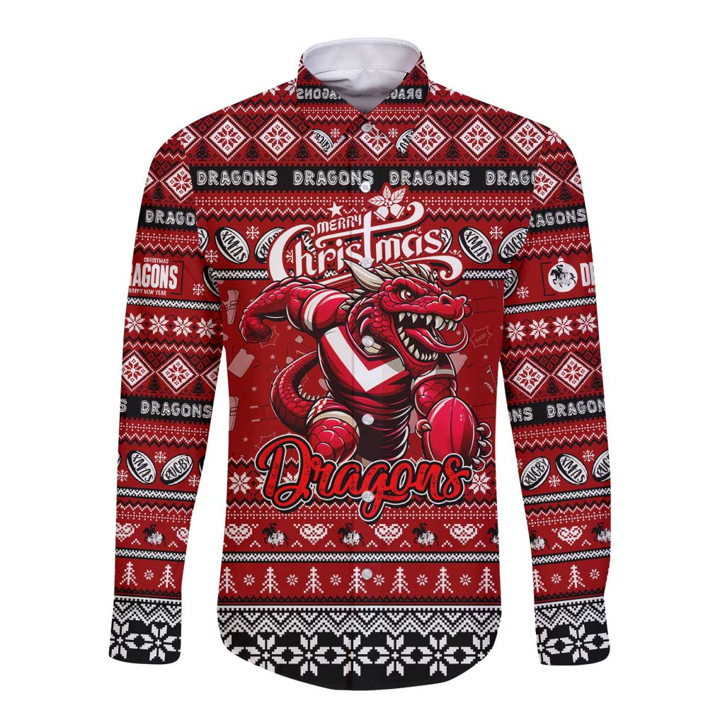 Personalized Dragons Rugby Xmas Long Sleeve Button Shirt Australia NRL Mascot