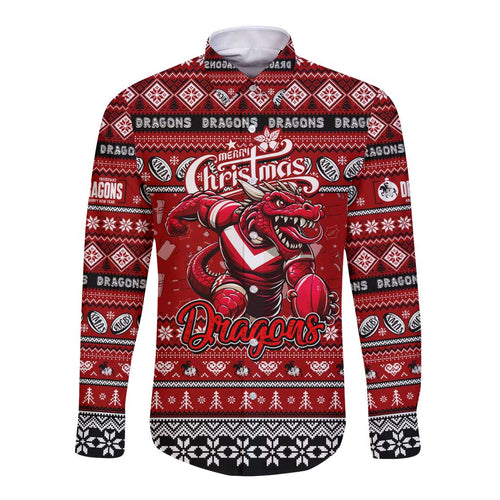 Personalized Dragons Rugby Xmas Long Sleeve Button Shirt Australia NRL Mascot