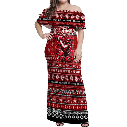 Personalized Dragons Rugby Xmas Off Shoulder Maxi Dress Australia NRL Mascot