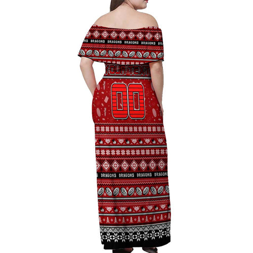 Personalized Dragons Rugby Xmas Off Shoulder Maxi Dress Australia NRL Mascot