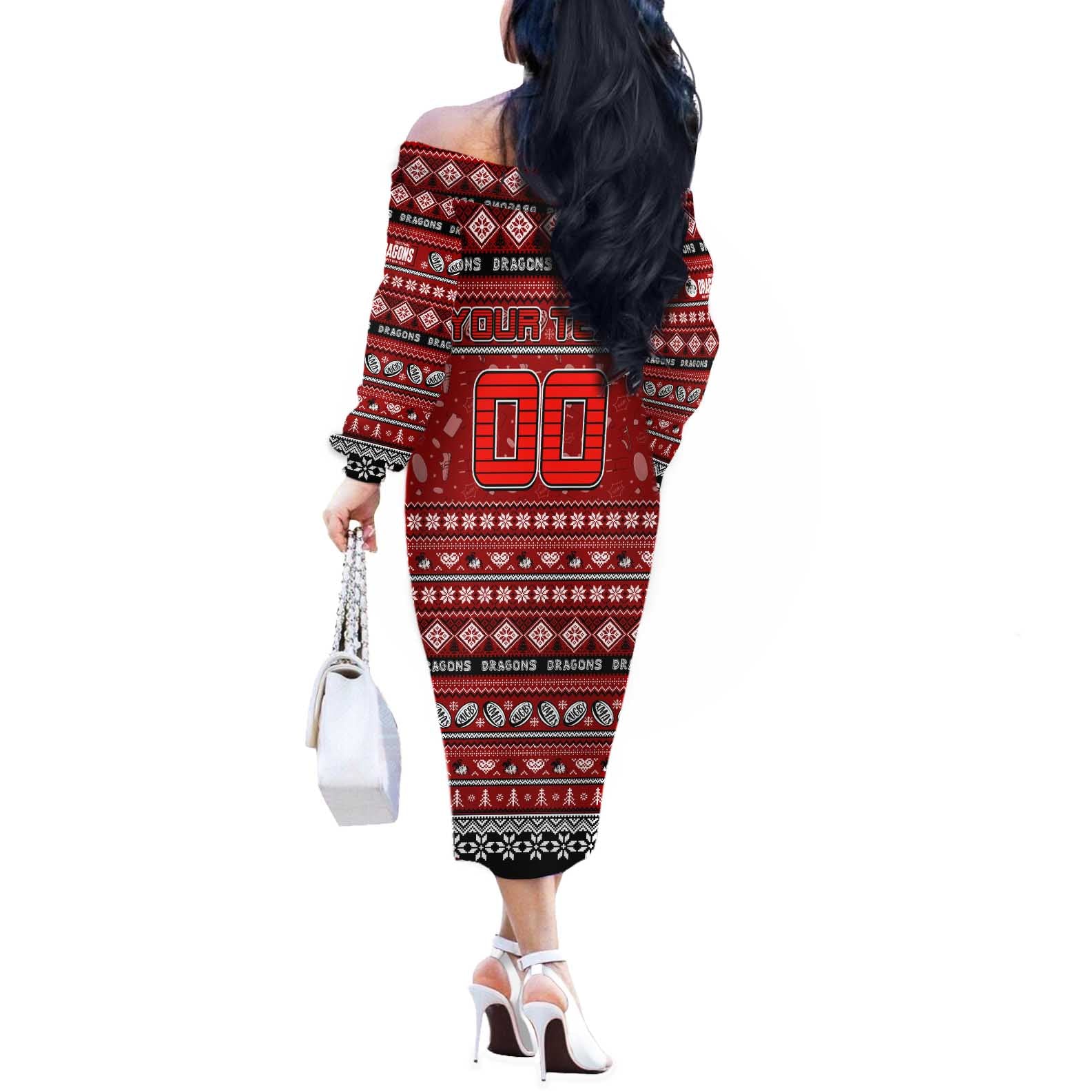 Personalized Dragons Rugby Xmas Off The Shoulder Long Sleeve Dress Australia NRL Mascot