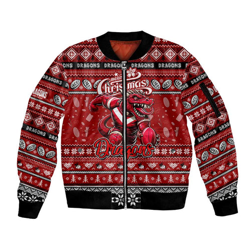 Personalized Dragons Rugby Xmas Sleeve Zip Bomber Jacket Australia NRL Mascot