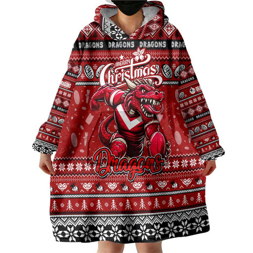 Personalized Dragons Rugby Xmas Wearable Blanket Hoodie Australia NRL Mascot