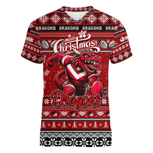 Personalized Dragons Rugby Xmas Women V-Neck T-Shirt Australia NRL Mascot