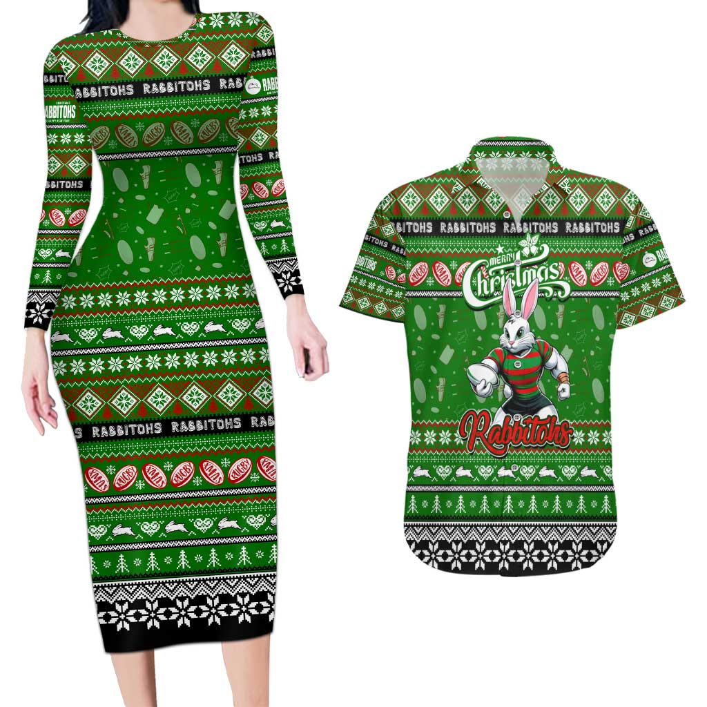 Personalized Rabbitohs Rugby Xmas Couples Matching Long Sleeve Bodycon Dress and Hawaiian Shirt Australia NRL Mascot
