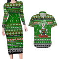 Personalized Rabbitohs Rugby Xmas Couples Matching Long Sleeve Bodycon Dress and Hawaiian Shirt Australia NRL Mascot