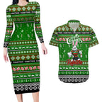 Personalized Rabbitohs Rugby Xmas Couples Matching Long Sleeve Bodycon Dress and Hawaiian Shirt Australia NRL Mascot
