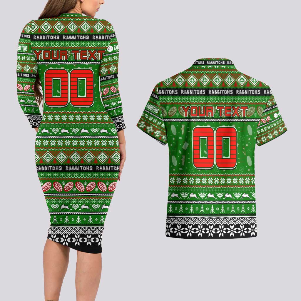 Personalized Rabbitohs Rugby Xmas Couples Matching Long Sleeve Bodycon Dress and Hawaiian Shirt Australia NRL Mascot