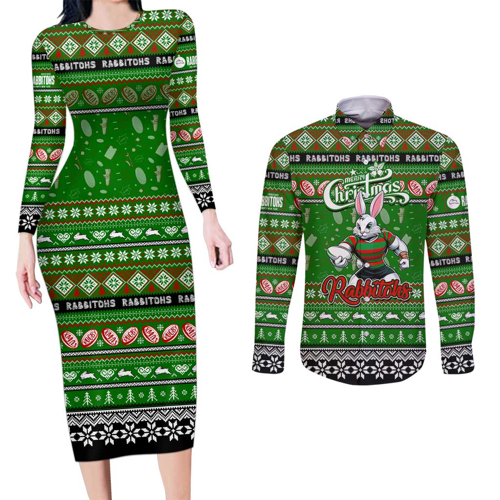 Personalized Rabbitohs Rugby Xmas Couples Matching Long Sleeve Bodycon Dress and Long Sleeve Button Shirt Australia NRL Mascot