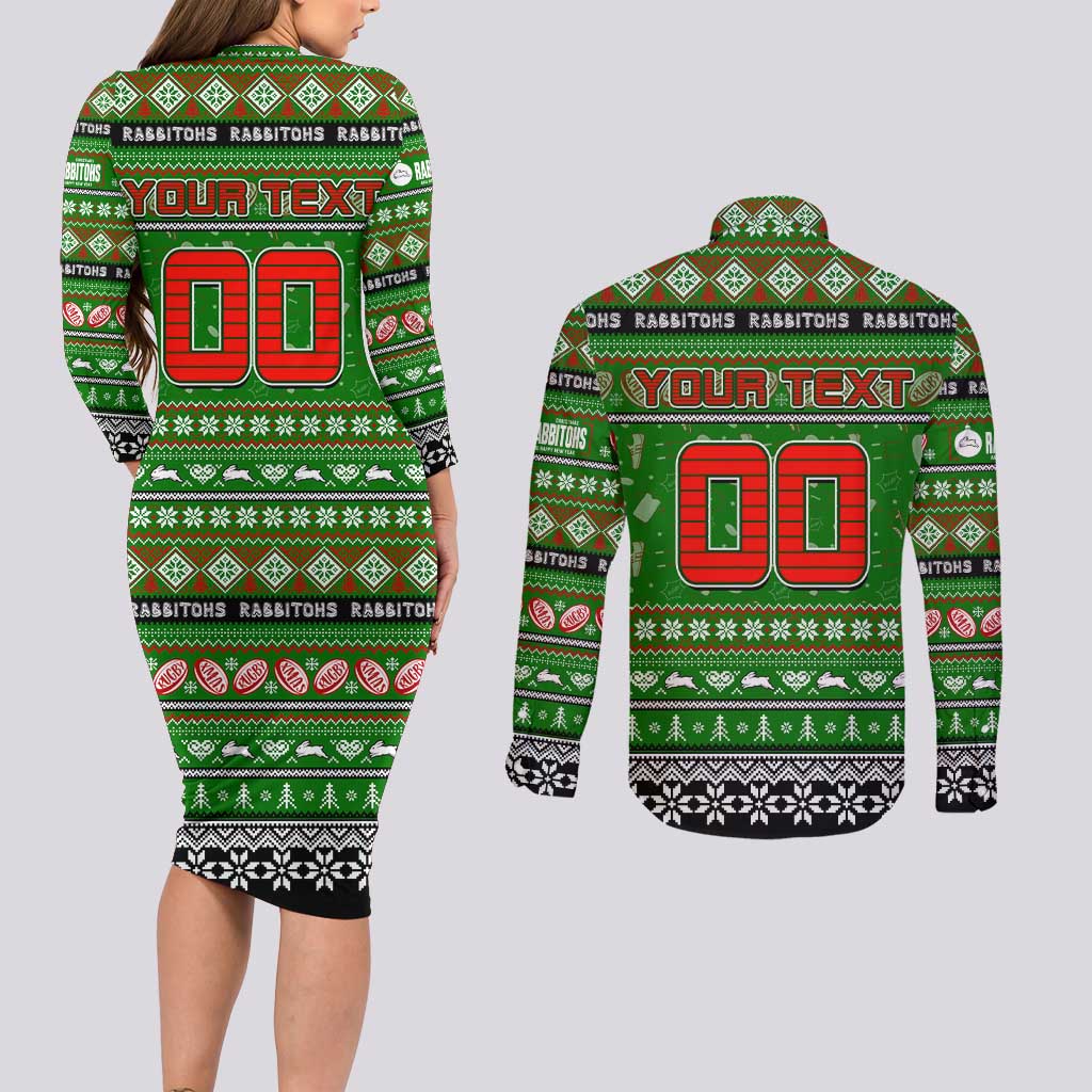 Personalized Rabbitohs Rugby Xmas Couples Matching Long Sleeve Bodycon Dress and Long Sleeve Button Shirt Australia NRL Mascot