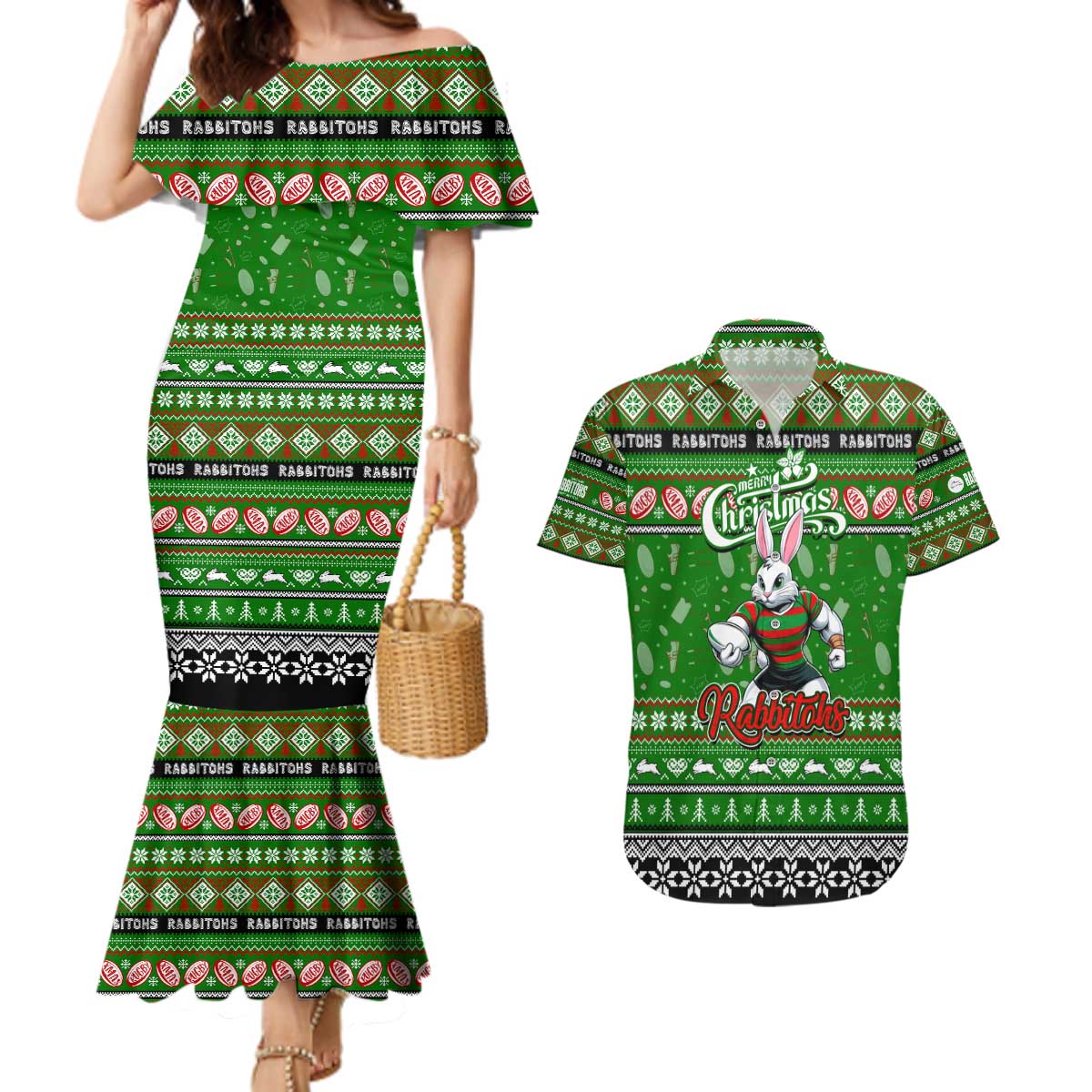 Personalized Rabbitohs Rugby Xmas Couples Matching Mermaid Dress and Hawaiian Shirt Australia NRL Mascot