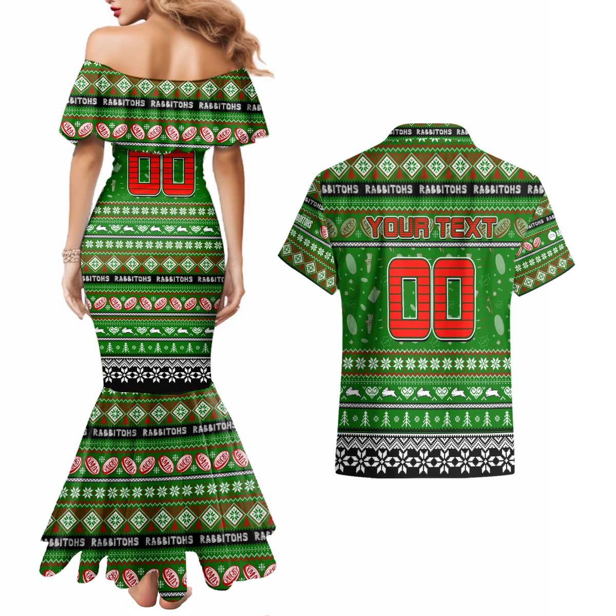 Personalized Rabbitohs Rugby Xmas Couples Matching Mermaid Dress and Hawaiian Shirt Australia NRL Mascot