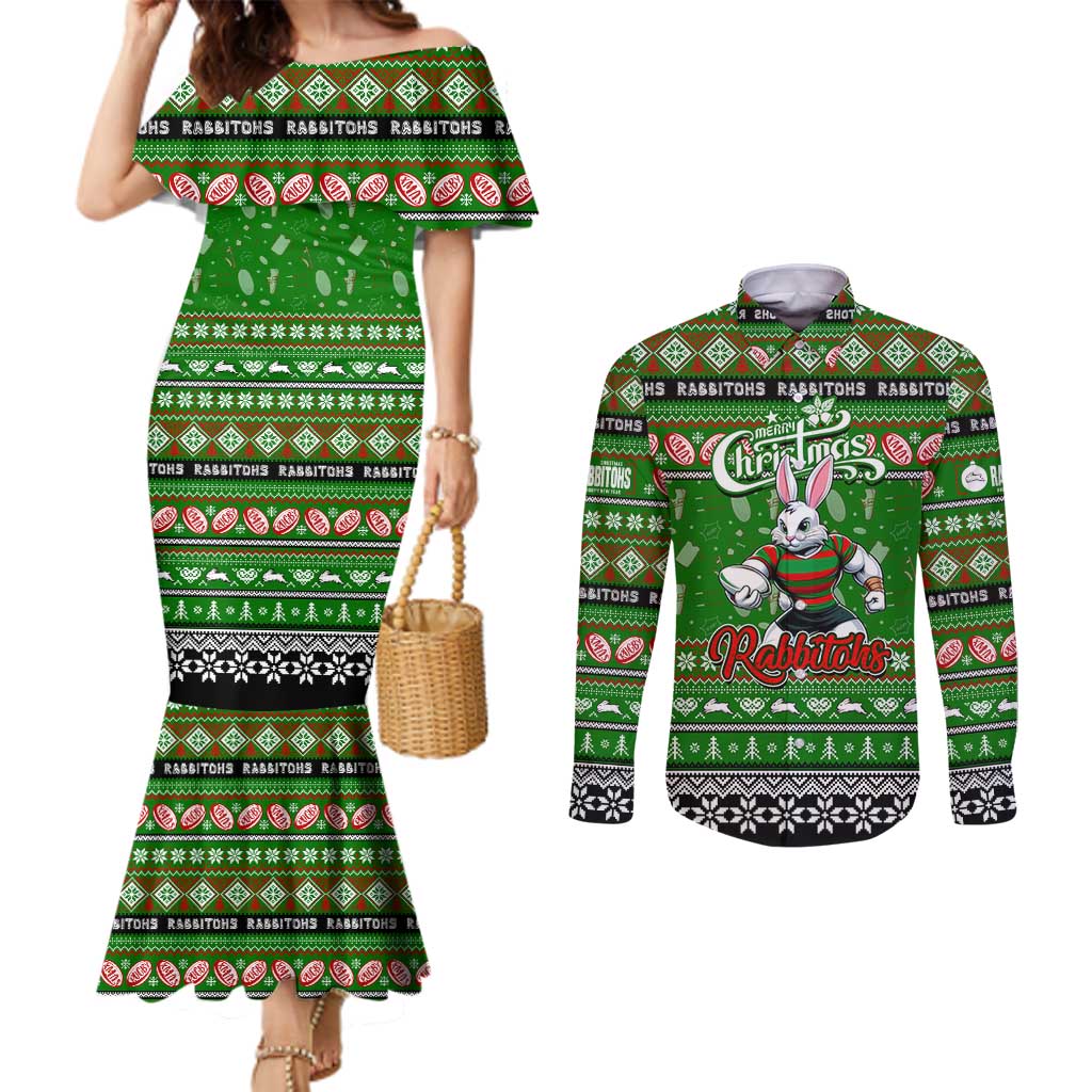 Personalized Rabbitohs Rugby Xmas Couples Matching Mermaid Dress and Long Sleeve Button Shirt Australia NRL Mascot