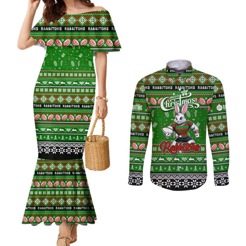 Personalized Rabbitohs Rugby Xmas Couples Matching Mermaid Dress and Long Sleeve Button Shirt Australia NRL Mascot