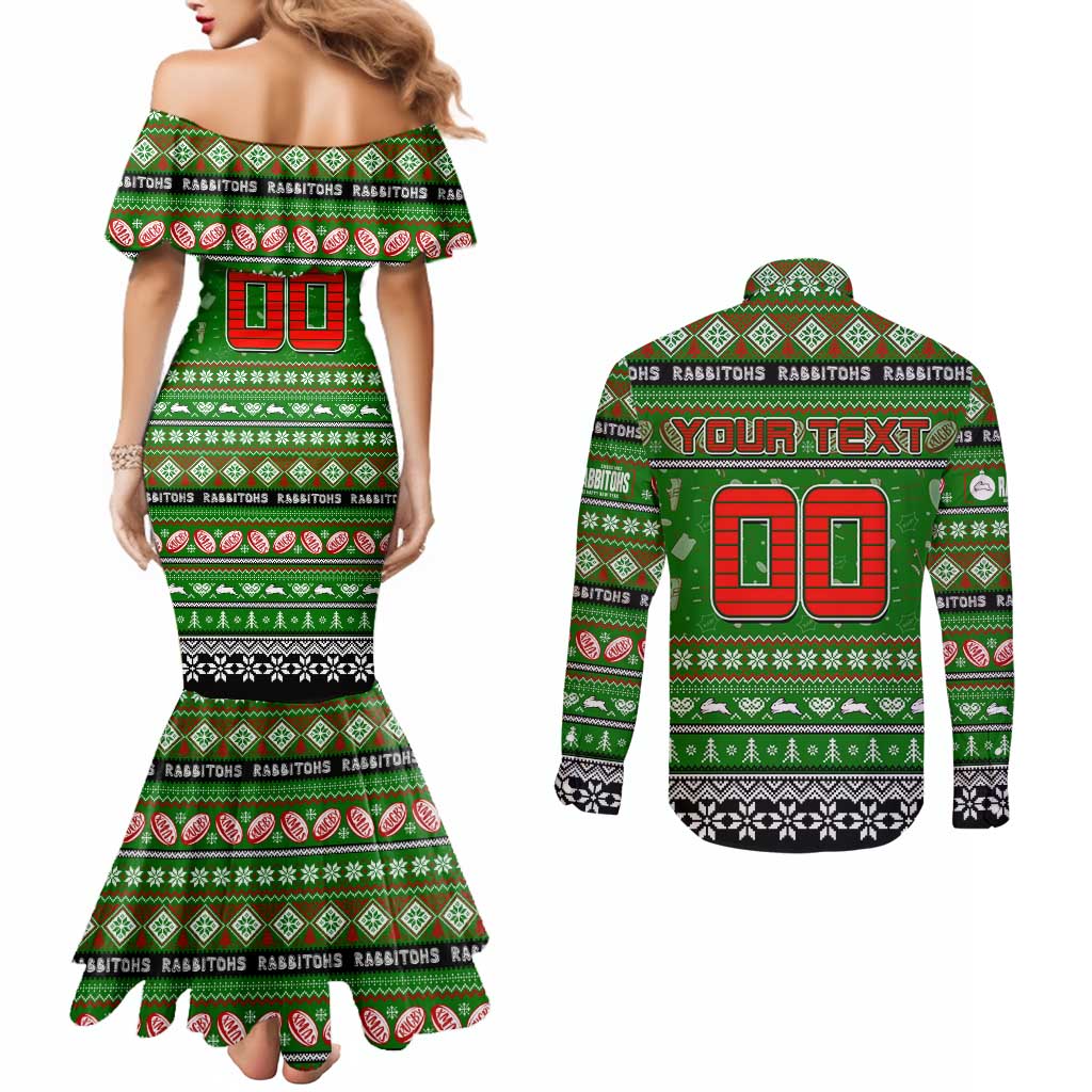 Personalized Rabbitohs Rugby Xmas Couples Matching Mermaid Dress and Long Sleeve Button Shirt Australia NRL Mascot