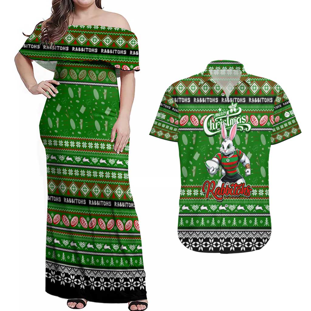 Personalized Rabbitohs Rugby Xmas Couples Matching Off Shoulder Maxi Dress and Hawaiian Shirt Australia NRL Mascot