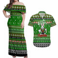 Personalized Rabbitohs Rugby Xmas Couples Matching Off Shoulder Maxi Dress and Hawaiian Shirt Australia NRL Mascot