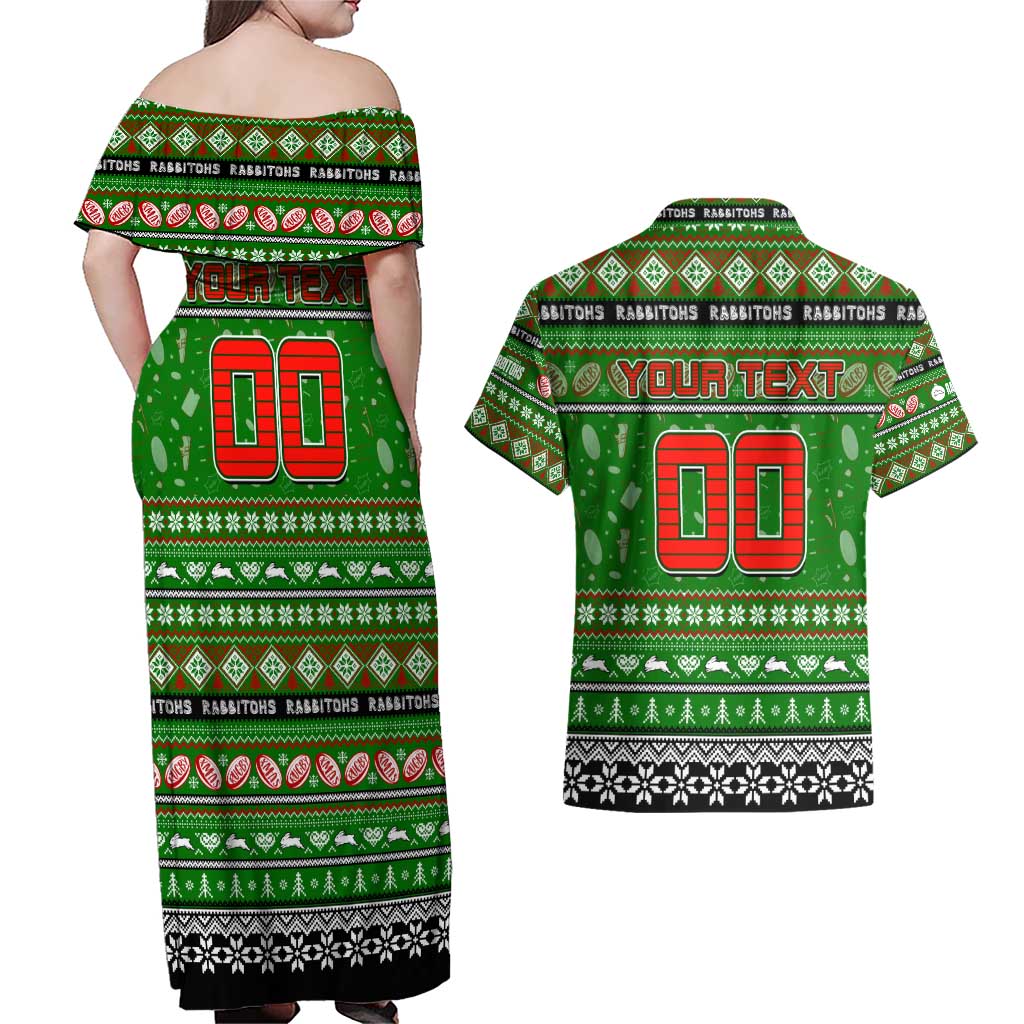 Personalized Rabbitohs Rugby Xmas Couples Matching Off Shoulder Maxi Dress and Hawaiian Shirt Australia NRL Mascot