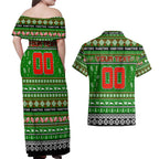 Personalized Rabbitohs Rugby Xmas Couples Matching Off Shoulder Maxi Dress and Hawaiian Shirt Australia NRL Mascot