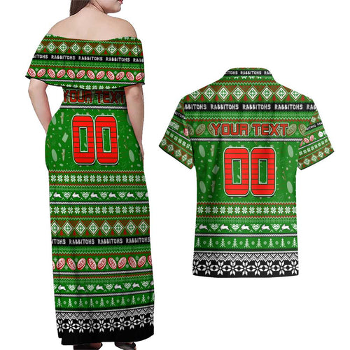 Personalized Rabbitohs Rugby Xmas Couples Matching Off Shoulder Maxi Dress and Hawaiian Shirt Australia NRL Mascot