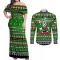 Personalized Rabbitohs Rugby Xmas Couples Matching Off Shoulder Maxi Dress and Long Sleeve Button Shirt Australia NRL Mascot