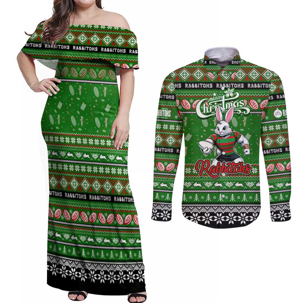 Personalized Rabbitohs Rugby Xmas Couples Matching Off Shoulder Maxi Dress and Long Sleeve Button Shirt Australia NRL Mascot
