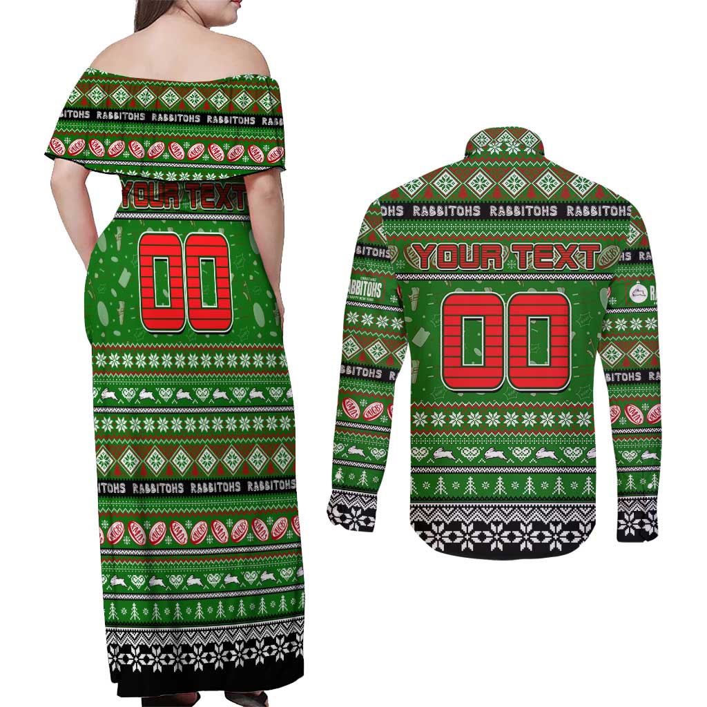 Personalized Rabbitohs Rugby Xmas Couples Matching Off Shoulder Maxi Dress and Long Sleeve Button Shirt Australia NRL Mascot