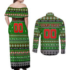 Personalized Rabbitohs Rugby Xmas Couples Matching Off Shoulder Maxi Dress and Long Sleeve Button Shirt Australia NRL Mascot