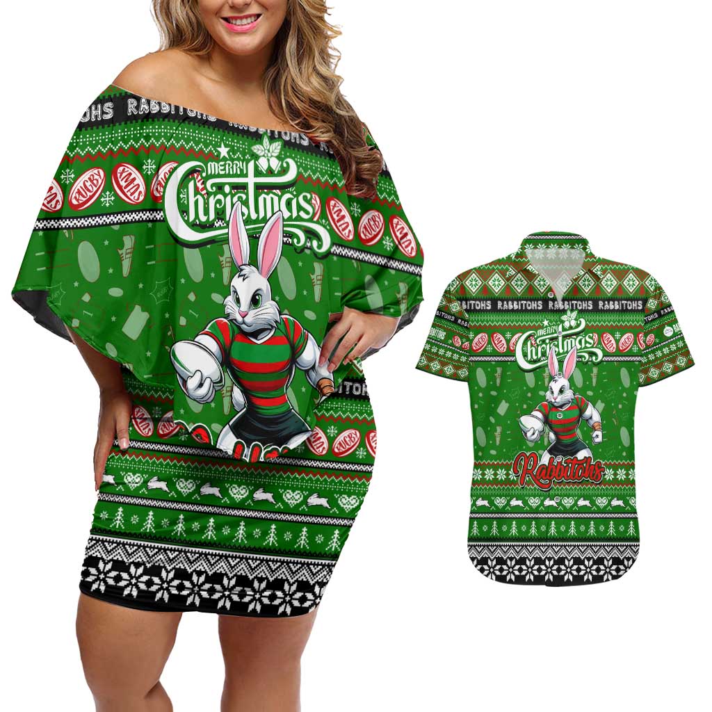 Personalized Rabbitohs Rugby Xmas Couples Matching Off Shoulder Short Dress and Hawaiian Shirt Australia NRL Mascot