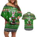 Personalized Rabbitohs Rugby Xmas Couples Matching Off Shoulder Short Dress and Hawaiian Shirt Australia NRL Mascot
