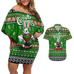 Personalized Rabbitohs Rugby Xmas Couples Matching Off Shoulder Short Dress and Hawaiian Shirt Australia NRL Mascot