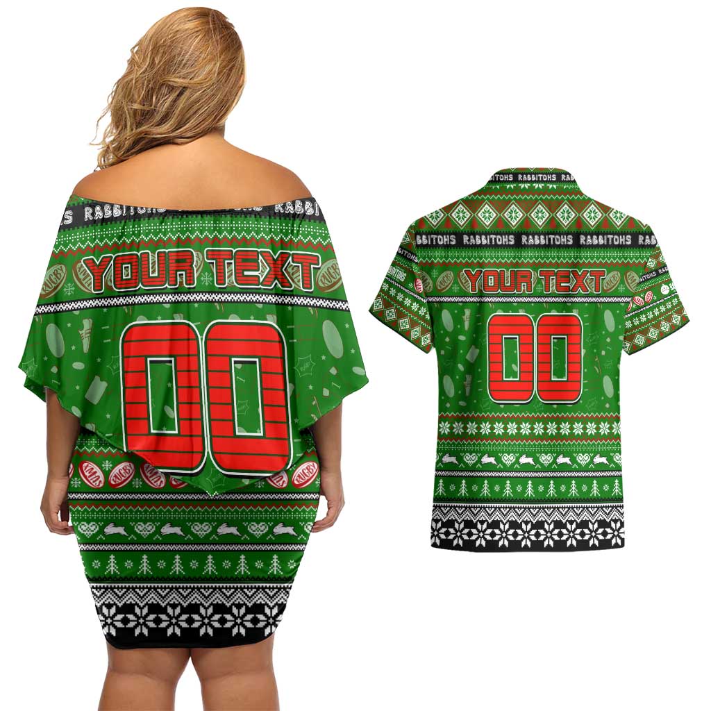 Personalized Rabbitohs Rugby Xmas Couples Matching Off Shoulder Short Dress and Hawaiian Shirt Australia NRL Mascot