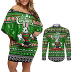 Personalized Rabbitohs Rugby Xmas Couples Matching Off Shoulder Short Dress and Long Sleeve Button Shirt Australia NRL Mascot