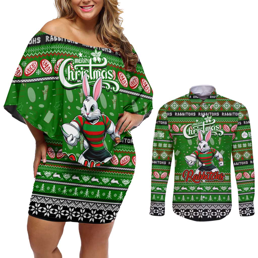 Personalized Rabbitohs Rugby Xmas Couples Matching Off Shoulder Short Dress and Long Sleeve Button Shirt Australia NRL Mascot