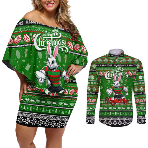 Personalized Rabbitohs Rugby Xmas Couples Matching Off Shoulder Short Dress and Long Sleeve Button Shirt Australia NRL Mascot