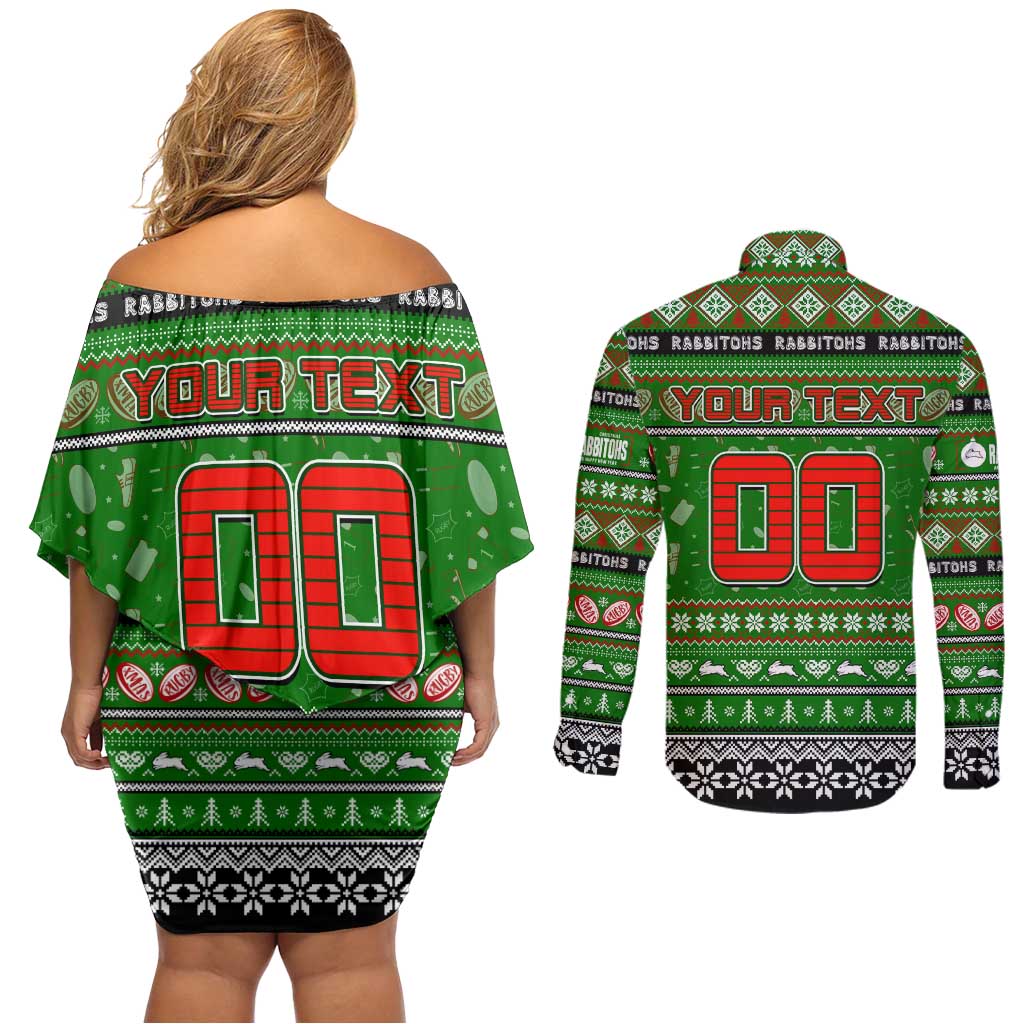 Personalized Rabbitohs Rugby Xmas Couples Matching Off Shoulder Short Dress and Long Sleeve Button Shirt Australia NRL Mascot