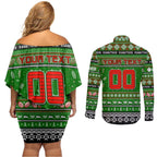 Personalized Rabbitohs Rugby Xmas Couples Matching Off Shoulder Short Dress and Long Sleeve Button Shirt Australia NRL Mascot