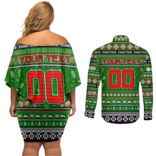 Personalized Rabbitohs Rugby Xmas Couples Matching Off Shoulder Short Dress and Long Sleeve Button Shirt Australia NRL Mascot