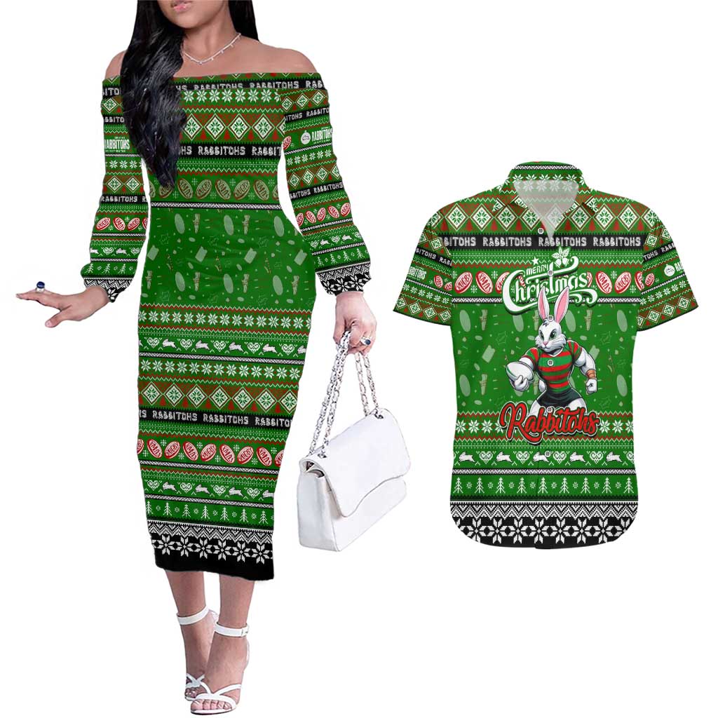 Personalized Rabbitohs Rugby Xmas Couples Matching Off The Shoulder Long Sleeve Dress and Hawaiian Shirt Australia NRL Mascot