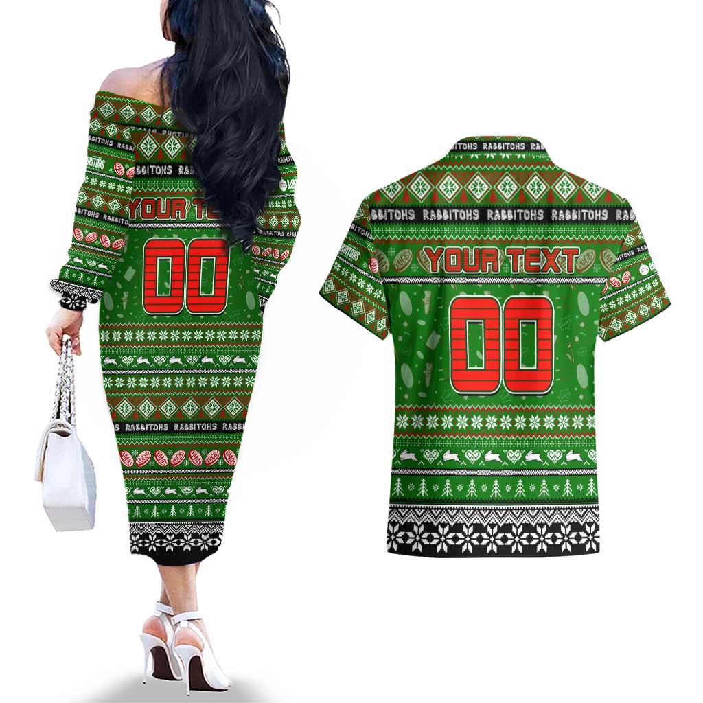 Personalized Rabbitohs Rugby Xmas Couples Matching Off The Shoulder Long Sleeve Dress and Hawaiian Shirt Australia NRL Mascot