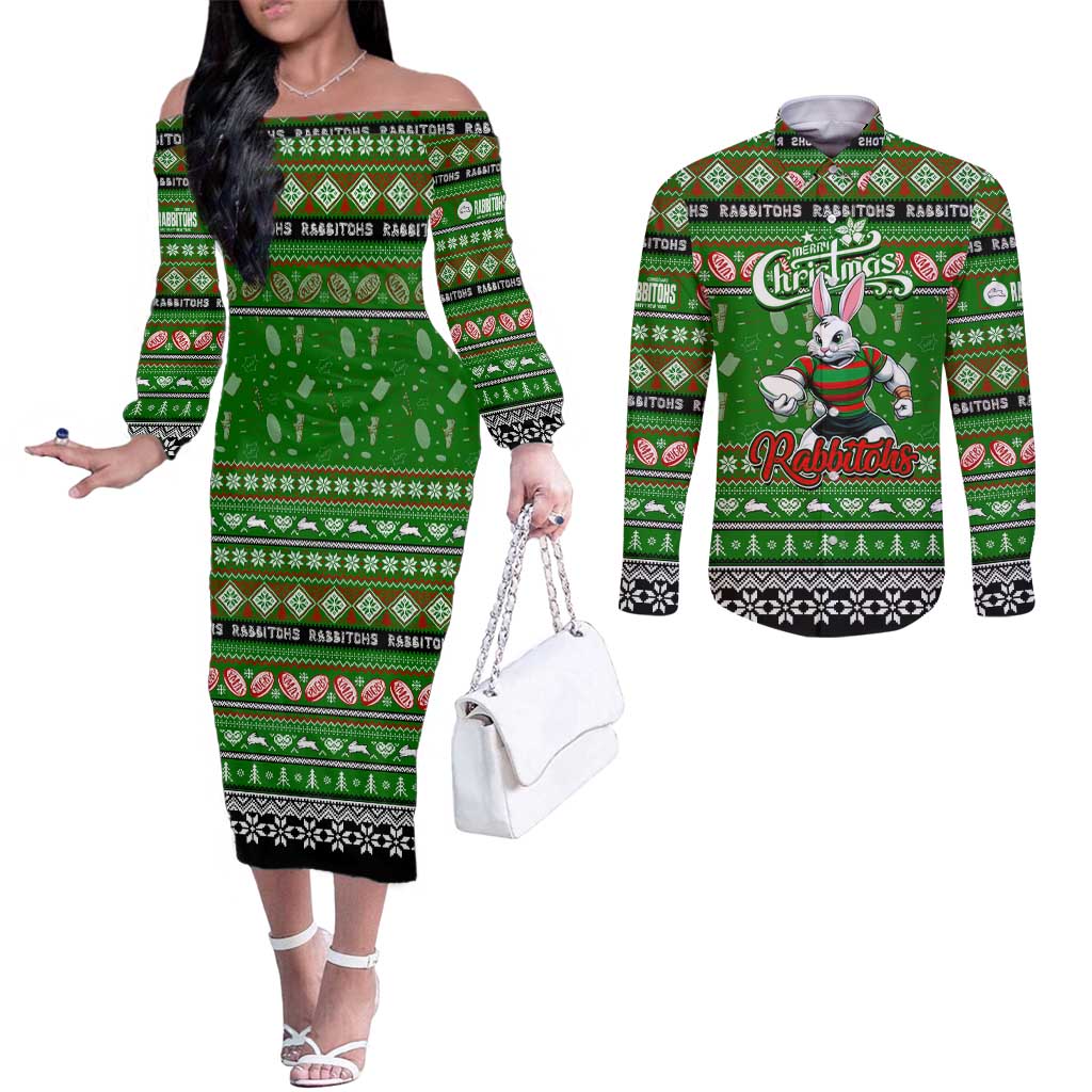 Personalized Rabbitohs Rugby Xmas Couples Matching Off The Shoulder Long Sleeve Dress and Long Sleeve Button Shirt Australia NRL Mascot