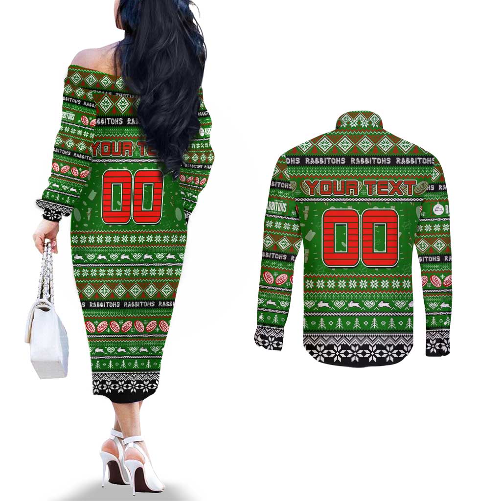 Personalized Rabbitohs Rugby Xmas Couples Matching Off The Shoulder Long Sleeve Dress and Long Sleeve Button Shirt Australia NRL Mascot
