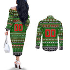 Personalized Rabbitohs Rugby Xmas Couples Matching Off The Shoulder Long Sleeve Dress and Long Sleeve Button Shirt Australia NRL Mascot