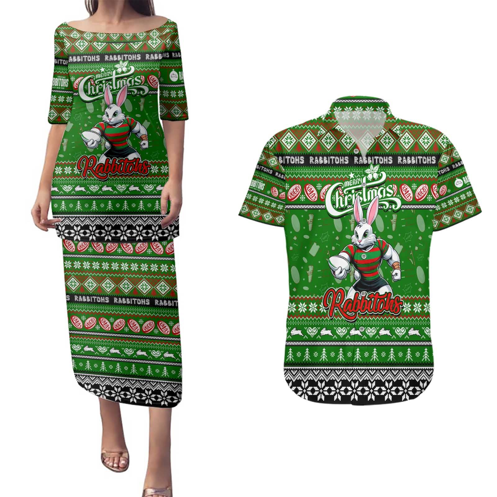 Personalized Rabbitohs Rugby Xmas Couples Matching Puletasi and Hawaiian Shirt Australia NRL Mascot