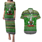 Personalized Rabbitohs Rugby Xmas Couples Matching Puletasi and Hawaiian Shirt Australia NRL Mascot