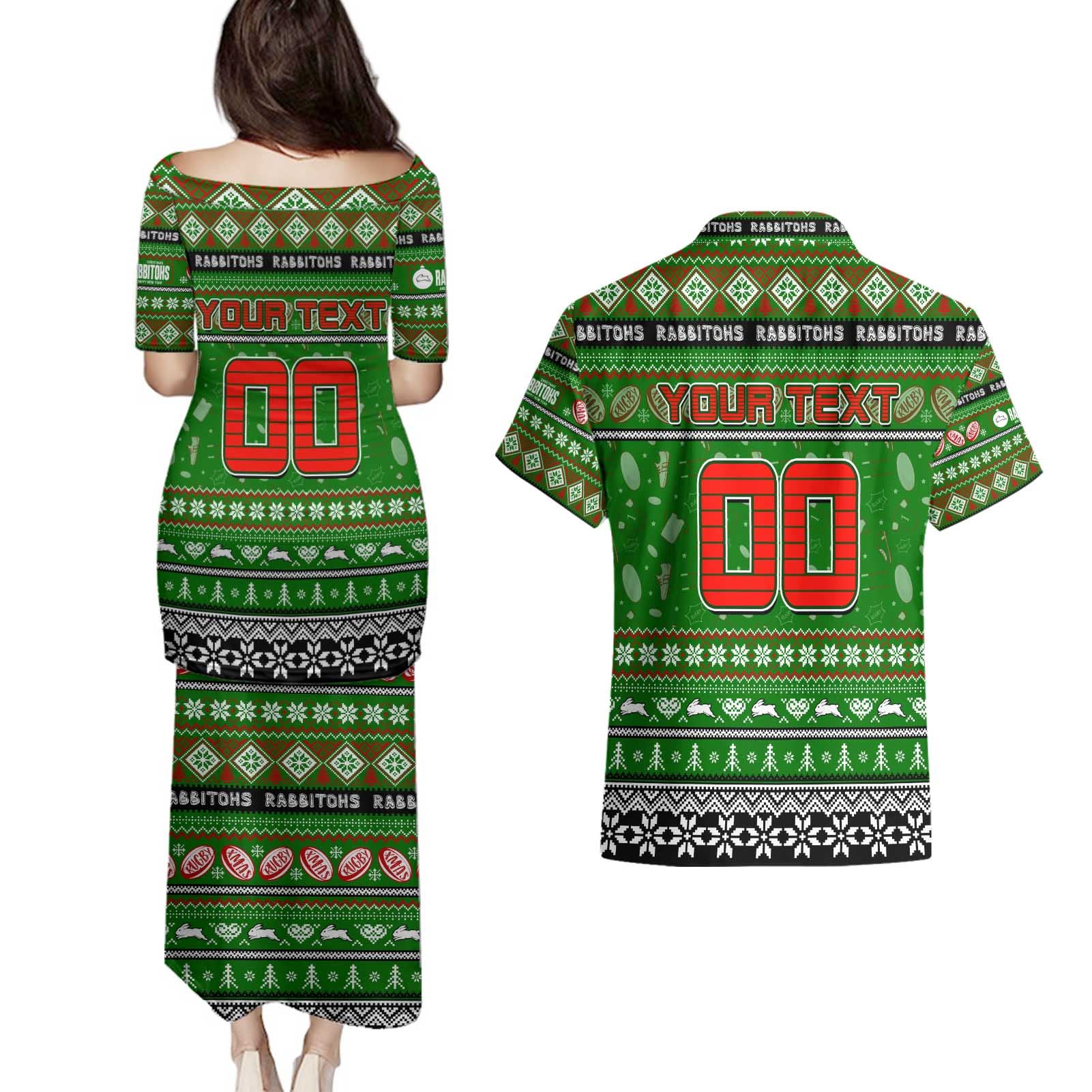 Personalized Rabbitohs Rugby Xmas Couples Matching Puletasi and Hawaiian Shirt Australia NRL Mascot