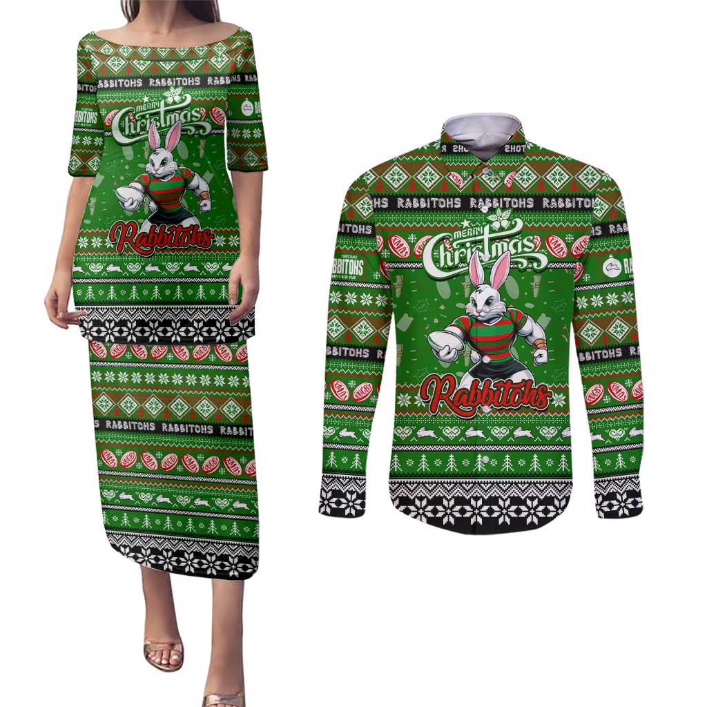 Personalized Rabbitohs Rugby Xmas Couples Matching Puletasi and Long Sleeve Button Shirt Australia NRL Mascot